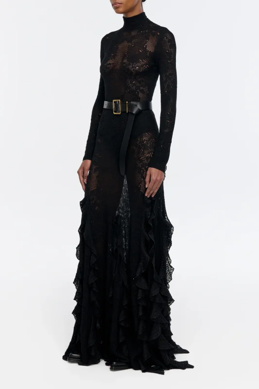 GABRIELA HEARTS FEAL POINTELLE KNIT LACE BODYSUIT IN BLACK SILK MERINO WOOL