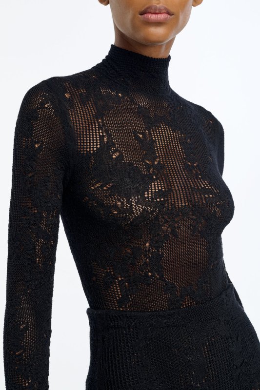 GABRIELA HEARTS FEAL POINTELLE KNIT LACE BODYSUIT IN BLACK SILK MERINO WOOL