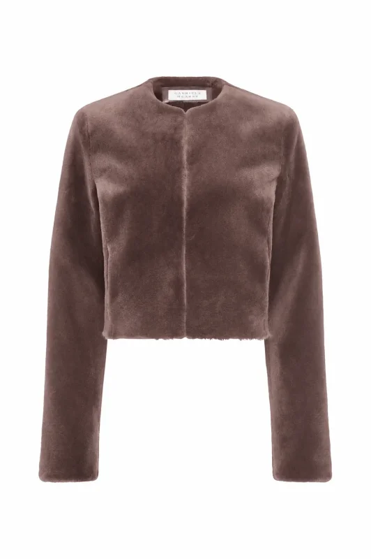 GABRIELA HEARTS HERMERA RAW CUT JACKET IN MOCHA SHEARLING