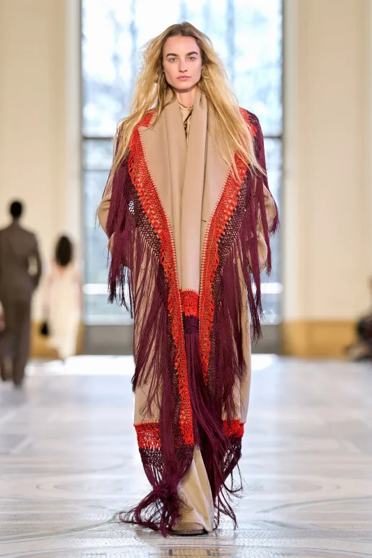 GABRIELA HEARTS MCAFFREY FRINGE COAT IN CAMEL DOUBLE-FACE RECYCLED CASHMERE WITH SILK MACRAME