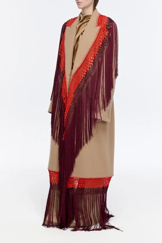 GABRIELA HEARTS MCAFFREY FRINGE COAT IN CAMEL DOUBLE-FACE RECYCLED CASHMERE WITH SILK MACRAME