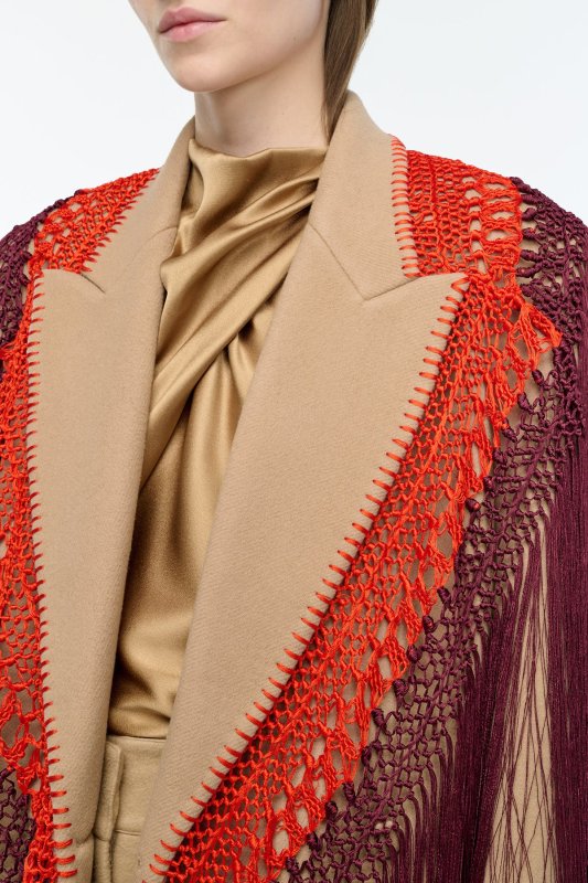 GABRIELA HEARTS MCAFFREY FRINGE COAT IN CAMEL DOUBLE-FACE RECYCLED CASHMERE WITH SILK MACRAME