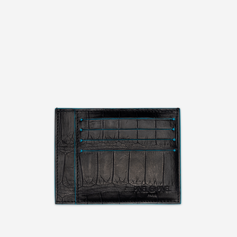 PINEL ET PINEL PIERROT CROCODILE AND GOATSKIN CARD HOLDER BLUE JEAN