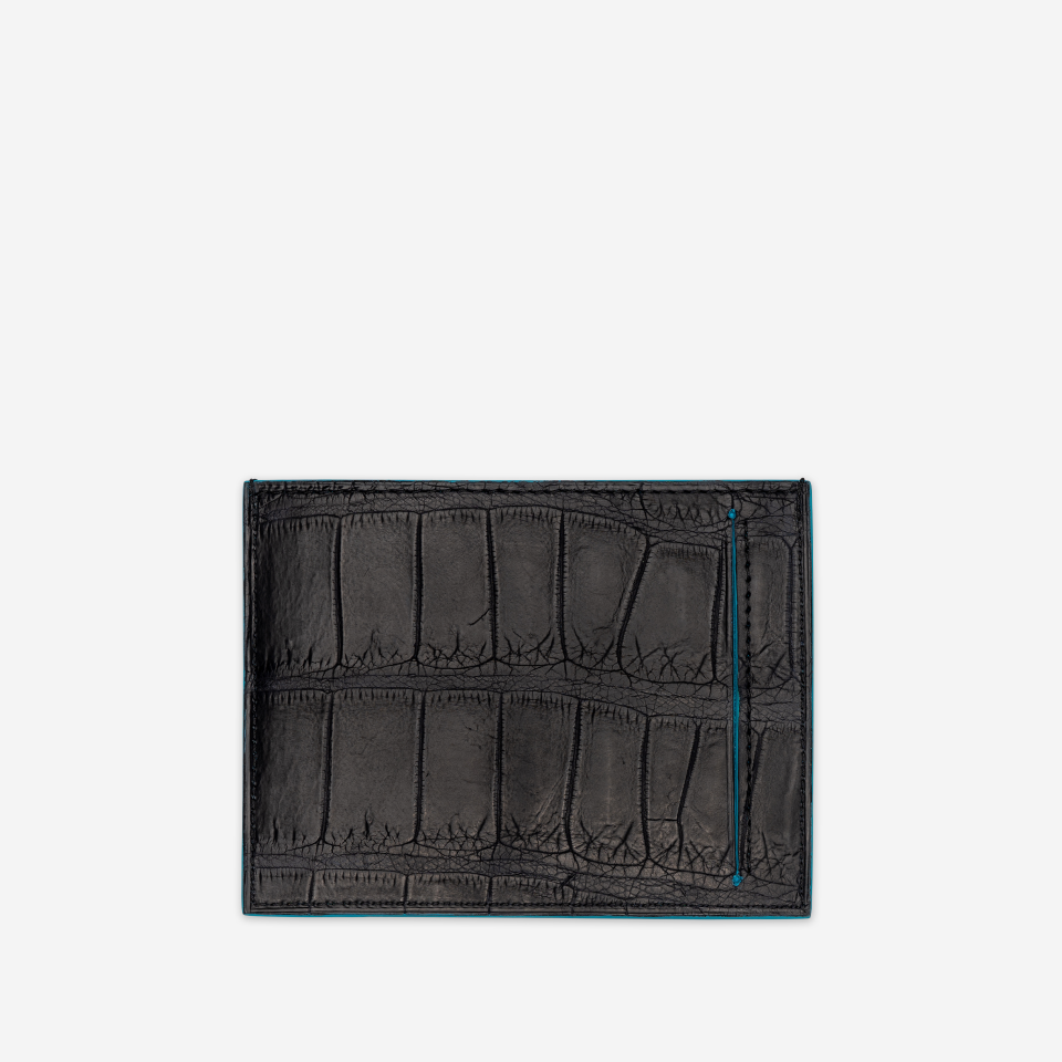 PINEL ET PINEL PIERROT CROCODILE AND GOATSKIN CARD HOLDER BLUE JEAN