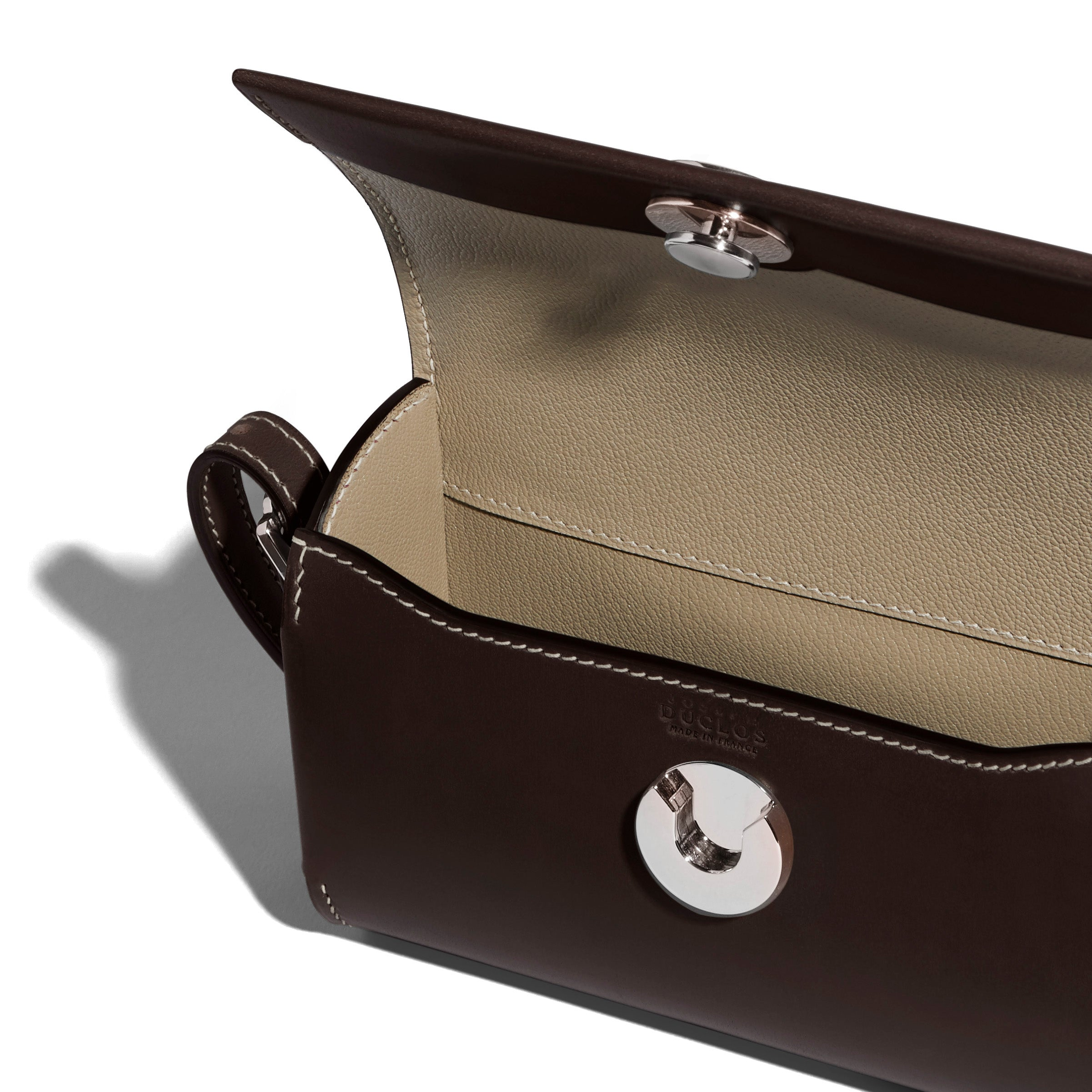 JOSEPH DUCLOS SAINT-CLAIR MINI CLUTCH IN MARRONNIER SYMPHONIE LEATHER MARRONNIER PALLADIUM PLATED BRASS