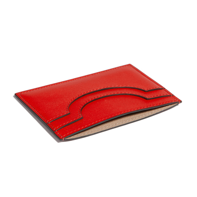 JOSEPH DUCLOS LECTOURE CARDHOLDER IN COQUELICOT SONATE LEATHER COQUELICOT & PALLADIUM PLATED BRASS