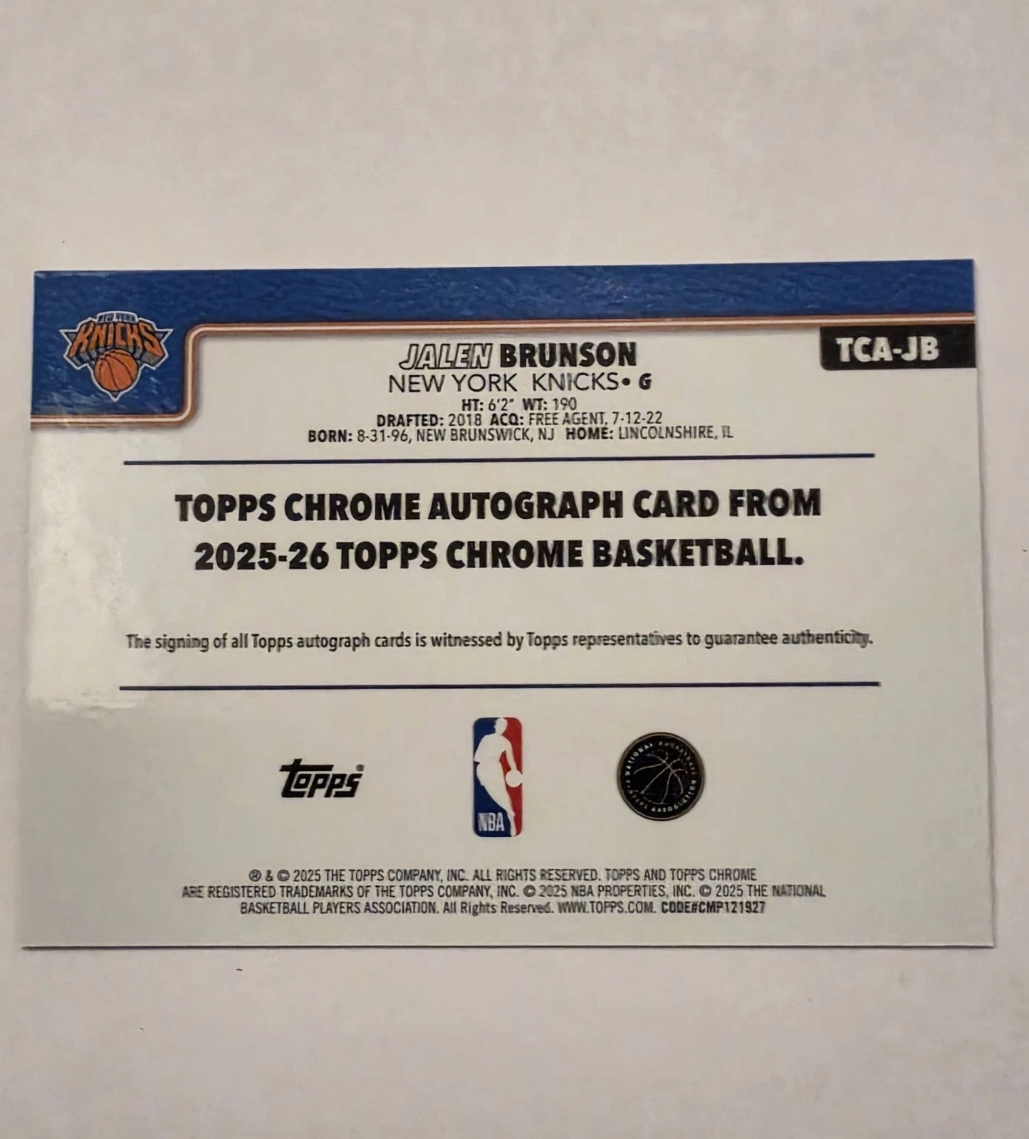TOPPS CHROME JALEN BRUNSON #TCA-JB AUTOGRAPH ON-CARD AUTO SSP KNICKS 2025-26