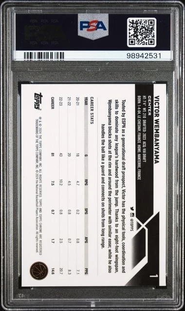 TOPPS CHROME VICTOR WEMBANYAMA #1 BLUE BASKETBALL REFRACTOR PSA 9 MINT 2023