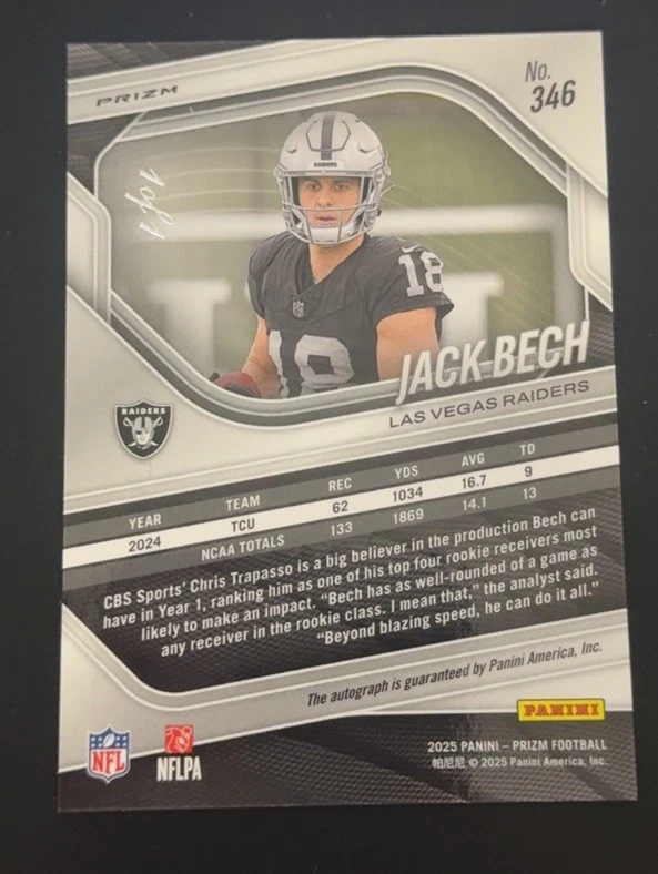 TOPPS 2025 PANINI PRIZM - JACK BECH #346 - BLACK NO HUDDLE AUTO 1/1 ONE-OF-ONE