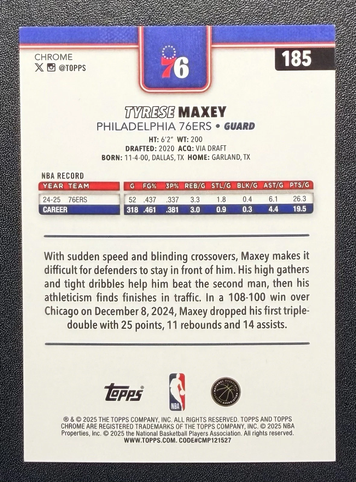 TOPPS CHROME TYRESE MAXEY #185 RED RAYWAVE REFRACTOR 5/5 76ERS! 2025-26