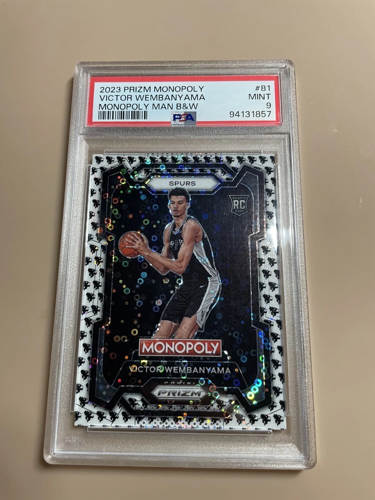 TOPPS PANINI PRIZM MONOPOLY MONOPOLY MAN BLACK & WHITE VICTOR WEMBANYAMA PSA 9 2023