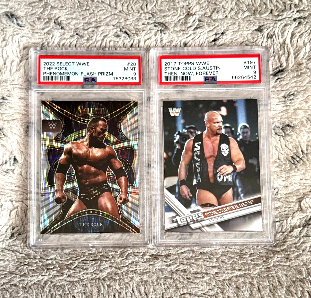 TOPPS WWE PANINI SELECT THE ROCK FLASH PRIZM & TOPPS STONE COLD STEVE AUSTIN PSA 9 HOF