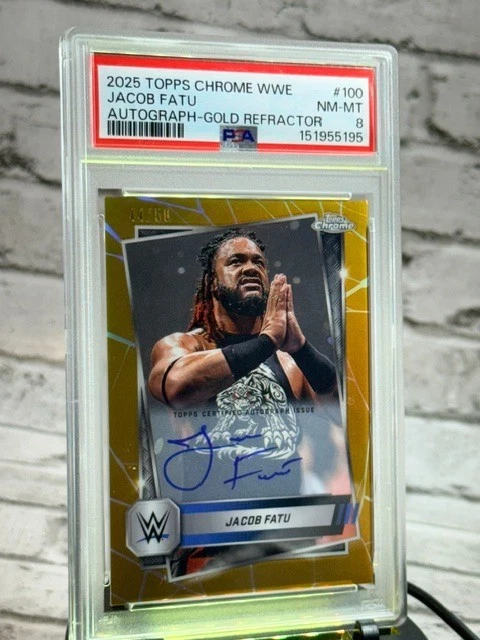 TOPPS JACOB FATU AUTO GOLD REFRACTOR /50 PSA 8 WWE 2025 TOPPS CHROME ON CARD SIGNATURE