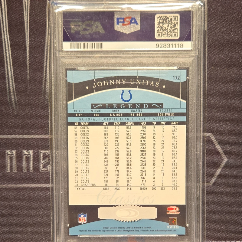 DONRUSS 2001 CLASSICS JOHNNY UNITAS SIG SIGNATURES AUTO #172 PSA 92831118