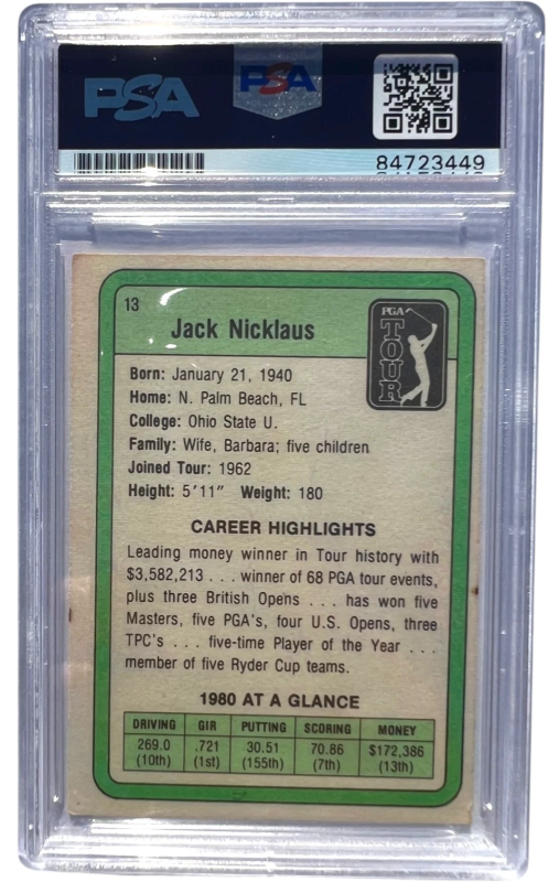 DONRUSS PANINI JACK NICKLAUS SIGNED 1981 DONRUSS GOLF #13 RC ROOKIE PSA PSA/DNA AUTO