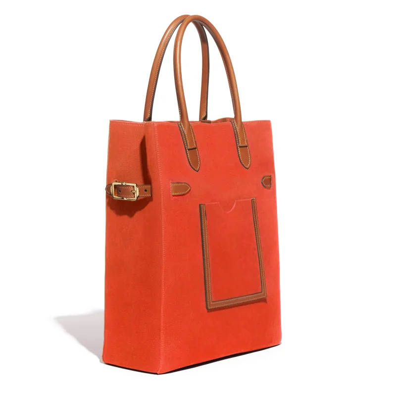 JOSEPH DUCLOS TOTE LECTOURE VERTICAL IN COQUELICOT ADAGIO LEATHER NUANCE: COQUELICOT & CHâTAIGNIER