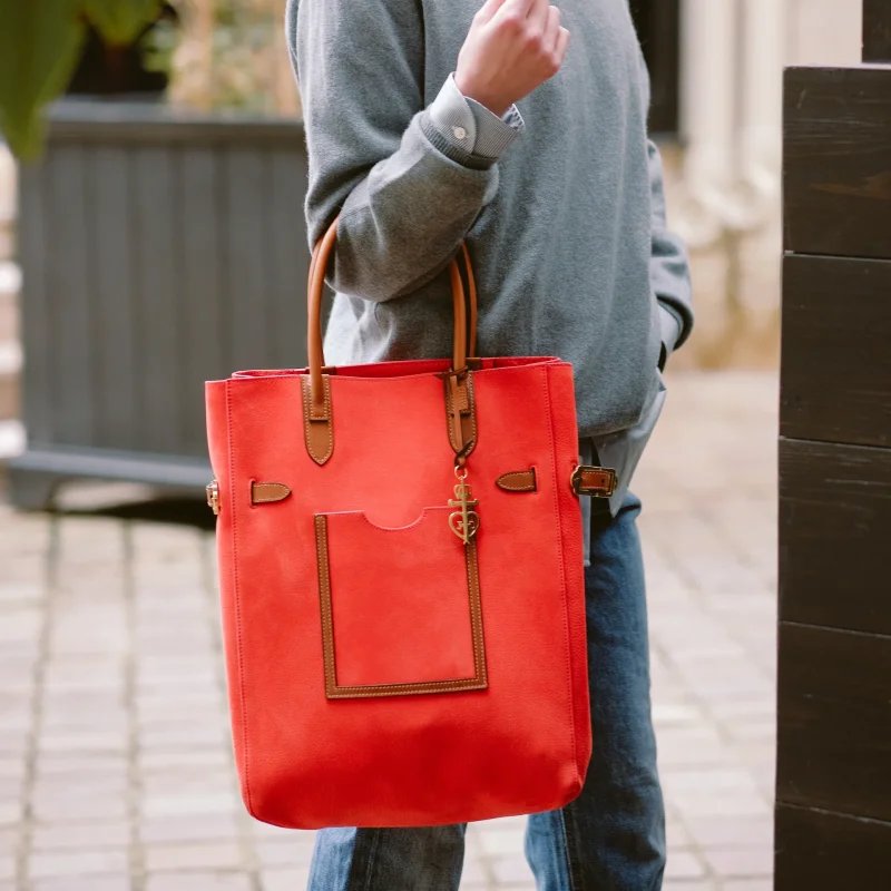 JOSEPH DUCLOS TOTE LECTOURE VERTICAL IN COQUELICOT ADAGIO LEATHER NUANCE: COQUELICOT & CHâTAIGNIER