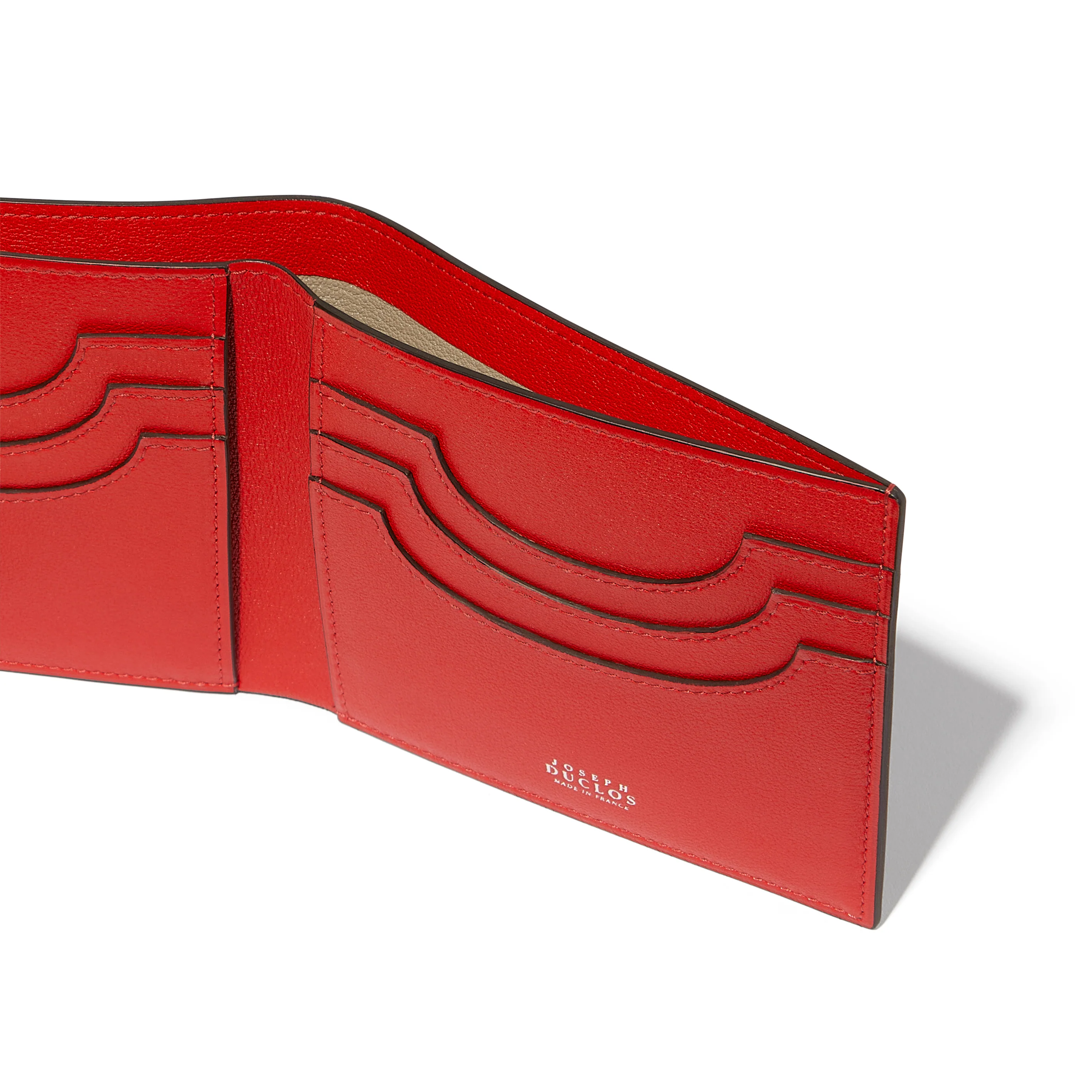 JOSEPH DUCLOS LECTOURE WALLET IN COQUELICOT SONATE LEATHER MATERIAL: PALLADIUM PLATED BRASS