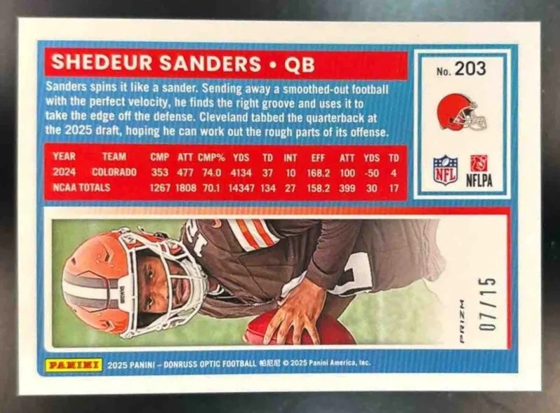DONRUSS OPTIC SHEDEUR SANDERS NEON YELLOW /15 #203 CLEVELAND BROWNS 2025