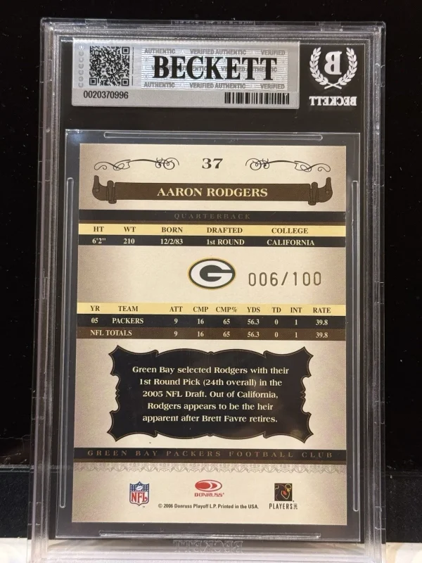 DONRUSS AARON RODGERS 06/100 BGS 9 BRONZE TIMELESS CLASSICS TRIBUTES #37 2006
