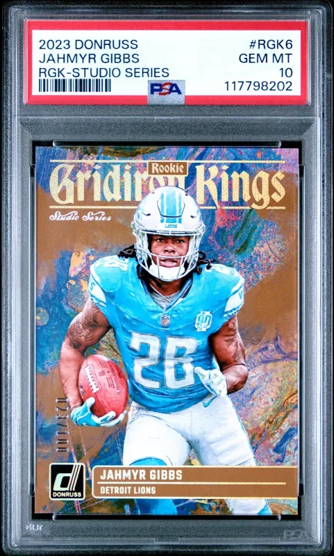 DONRUSS ROOKIE GRIDIRON KINGS #RGK6 JAHMYR GIBBS 23/100 PSA 10 2023