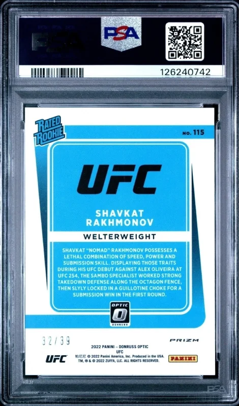 DONRUSS OPTIC UFC SHAVKAT RAKHMONOV RATED ROOKIE - BLACK /39 2022