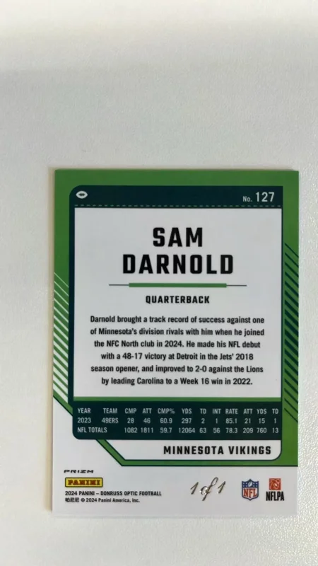 DONRUSS OPTIC FOOTBALL SAM DARNOLD NEBULA PRIZM 1/1 2024