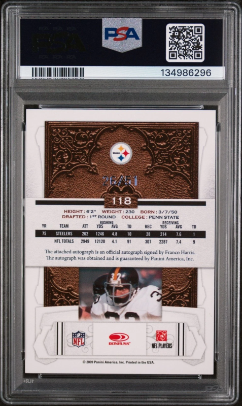 DONRUSS CLASSICS SIGN. GOLD AUTO #/51 HOF PSA 9 MINT (POP 1) FRANCO HARRIS 2009