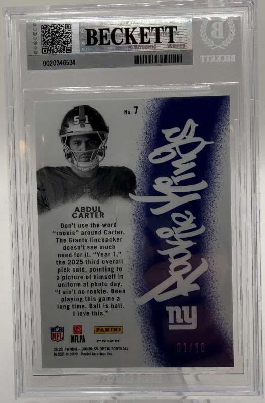 DONRUSS OPTIC #7 ABDUL CARTER ROOKIE KINGS GOLD BGS 9 #/10 2025