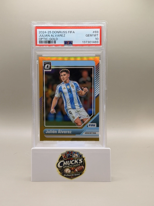 DONRUSS FIFA JULIáN ALVAREZ GOLD OPTIC /10 PSA 10 ARGENTINA #69 2024-25