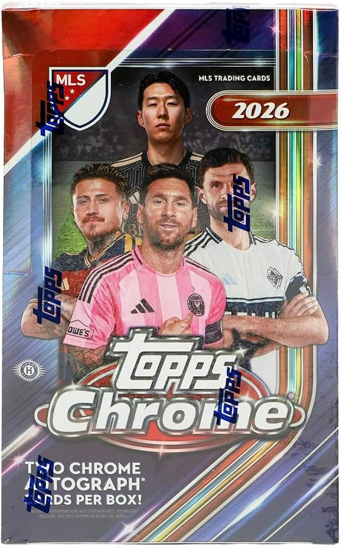 TOPPS CHROME MLS MAJOR LEAGUE SOCCER HOBBY BOX 2 AUTOGRAPHS PER BOX, 200 BASE CARDS, CHROME FINISH, COLORFUL PARALLELS, MLS STARS & LEGENDS 2026