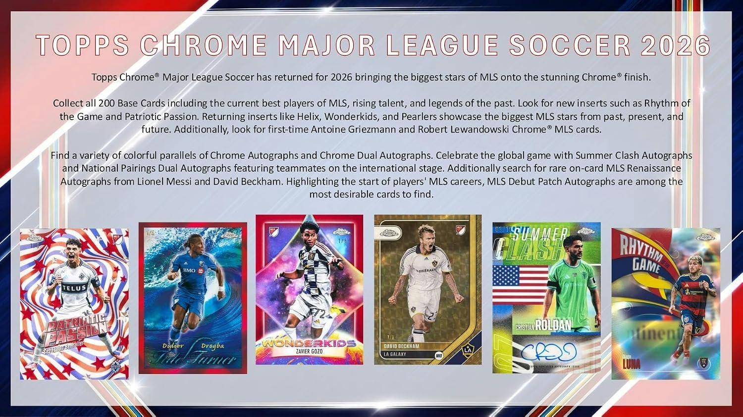 TOPPS CHROME MLS MAJOR LEAGUE SOCCER HOBBY BOX 2 AUTOGRAPHS PER BOX, 200 BASE CARDS, CHROME FINISH, COLORFUL PARALLELS, MLS STARS & LEGENDS 2026