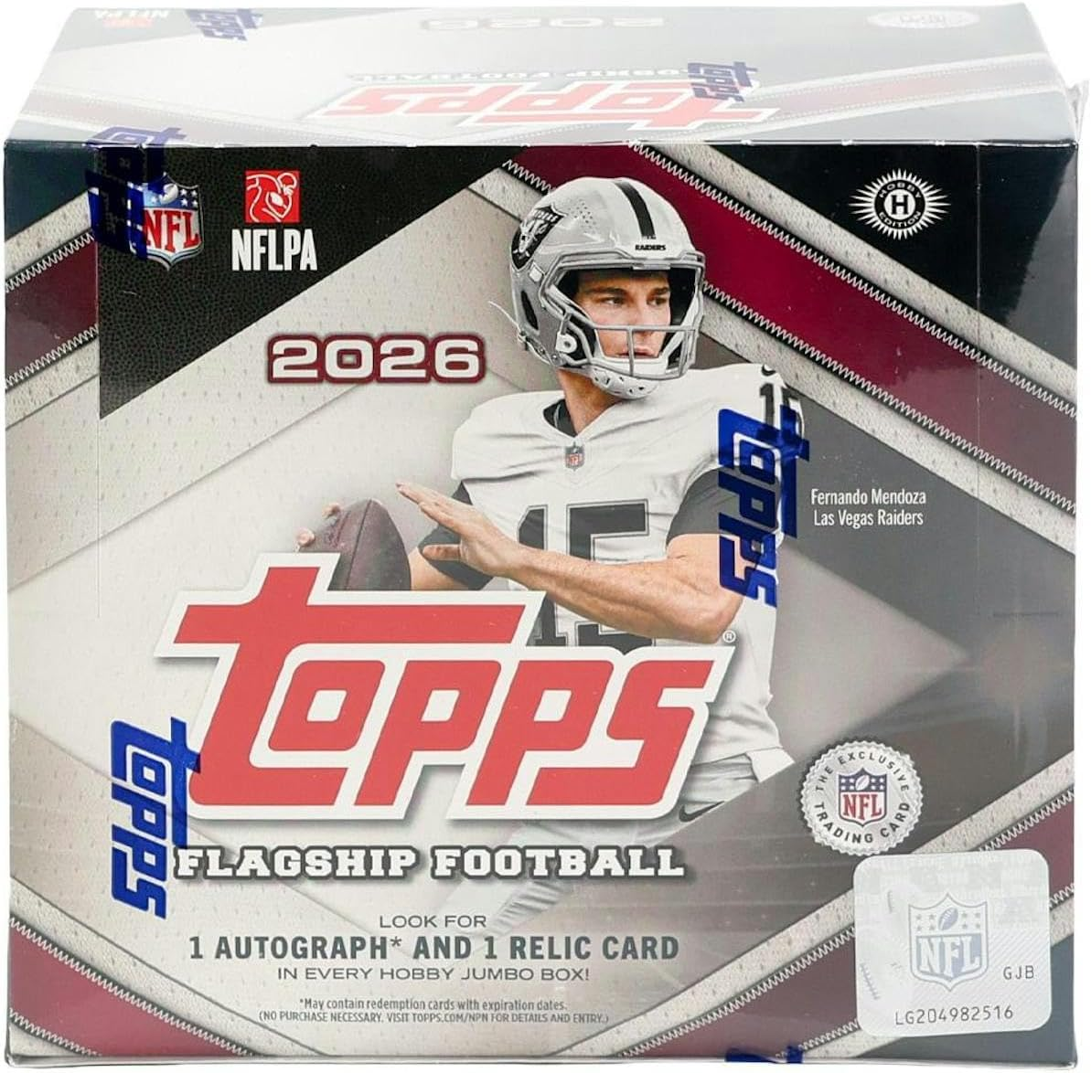 TOPPS 2026 FLAGSHIP FOOTBALL HOBBY JUMBO BOX 1 AUTOGRAPH CARD, 1 RELIC CARD, NFL LICENSED, HOBBY JUMBO FORMAT, 40 CARDS PER PACK 10 PACKS PER BOX.