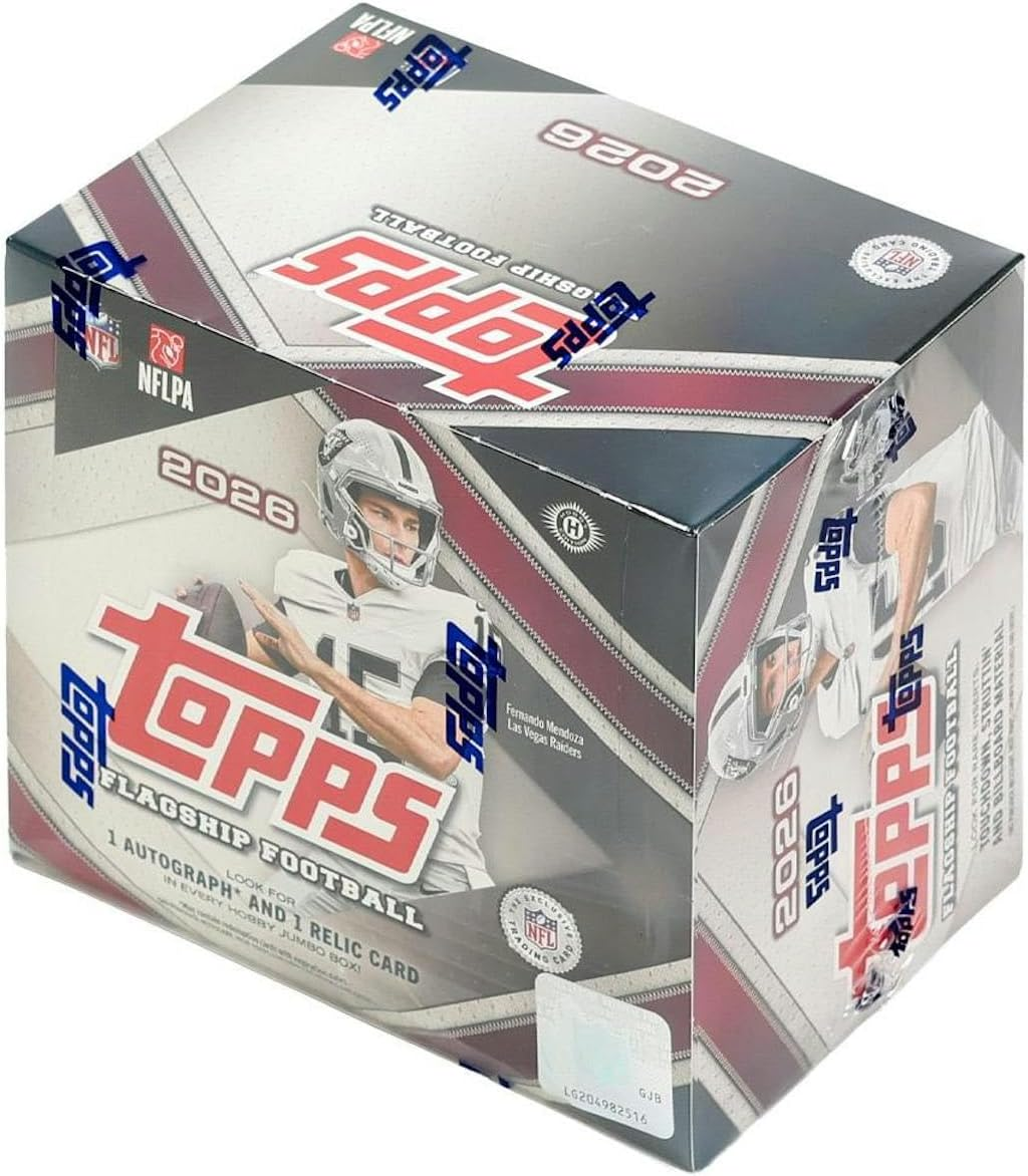 TOPPS 2026 FLAGSHIP FOOTBALL HOBBY JUMBO BOX 1 AUTOGRAPH CARD, 1 RELIC CARD, NFL LICENSED, HOBBY JUMBO FORMAT, 40 CARDS PER PACK 10 PACKS PER BOX.