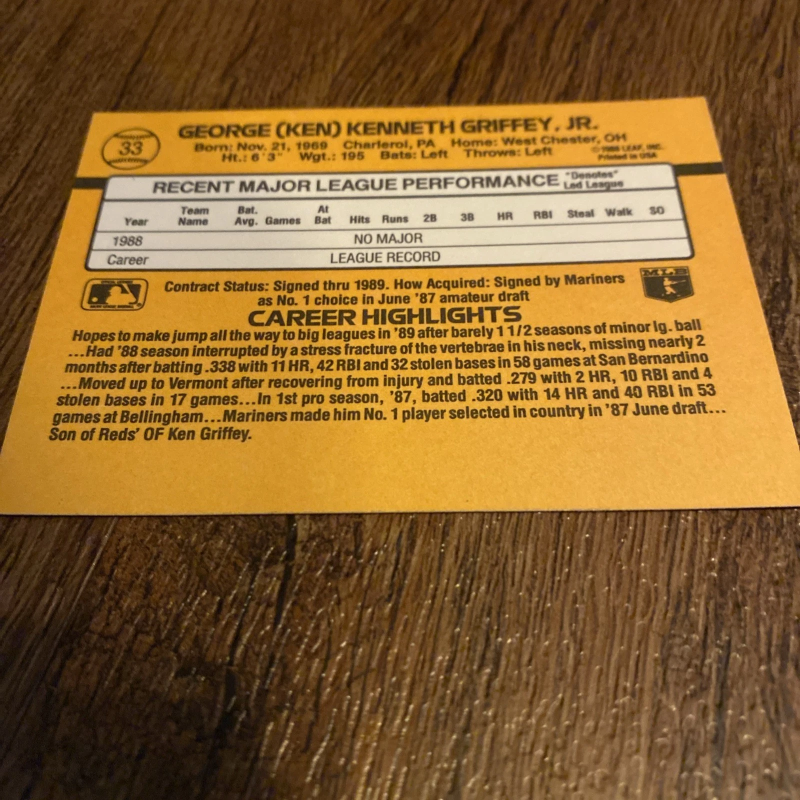DONRUSS - RATED ROOKIE KEN GRIFFEY JR. 6 ERRORS READ 1989
