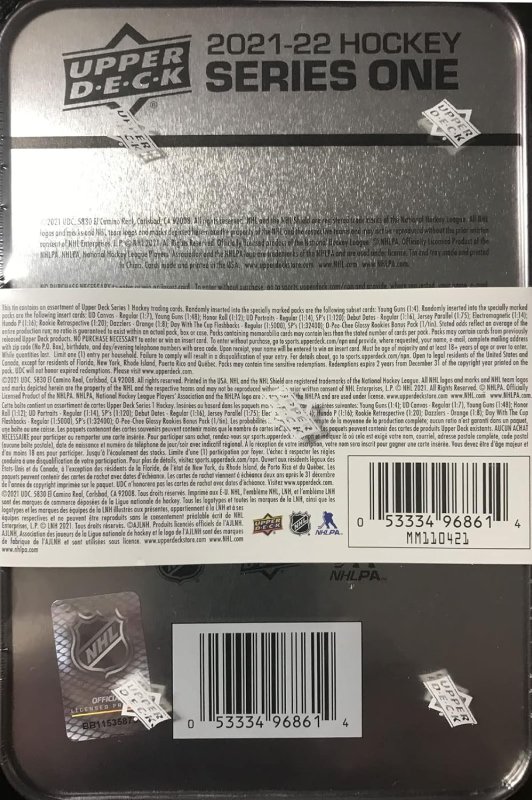 UPPER DECK 2021-22 SERIES ONE HOCKEY TRADING CARD COLLECTORS TIN WITH 9 PACKS NHL