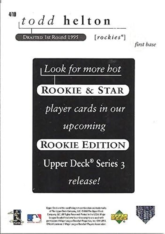UPPER DECK TODD HELTON STAR ROOKIE 1998 UPPER DECK 4 10 COLORADO ROCKIES COLLECTIBLE BASEBALL CARD