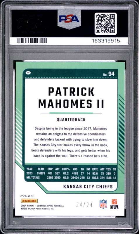 DONRUSS OPTIC DRAGON #94 PATRICK MAHOMES II #24/24 PSA 9 2024