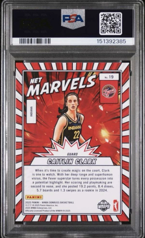 DONRUSS WNBA - NET MARVELS PRESS PROOF BLUE PSA 10 FEVER #19 CAITLIN CLARK 2025
