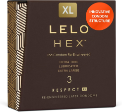 LELO HEX RESPECT XL LUXURY CONDOMS THIN, STRONG HEXAGONAL LATEX, LUBRICATED, 3 PACK