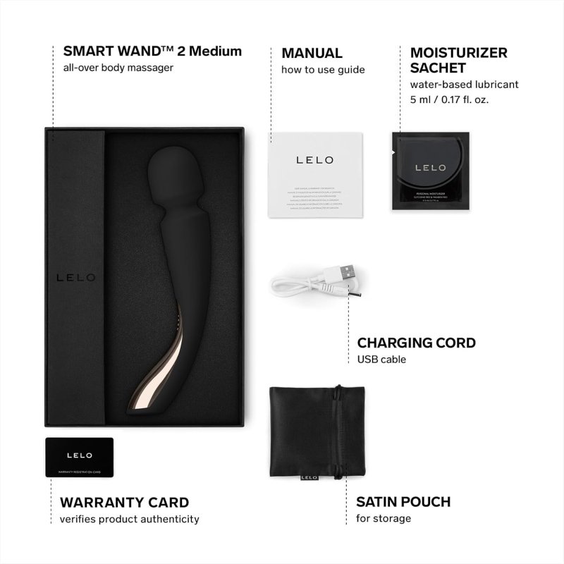 LELO SMART WAND MEDIUM - WATERPROOF PERSONAL MASSAGER, BLACK, POWERFUL VIBRATING WAND