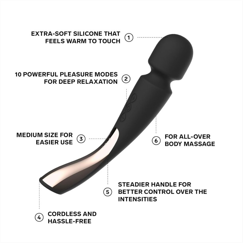 LELO SMART WAND MEDIUM - WATERPROOF PERSONAL MASSAGER, BLACK, POWERFUL VIBRATING WAND