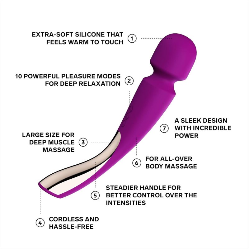 LELO SMART WAND LARGE BODY MASSAGER 10 VIBRATION PATTERNS, DEEP ROSE COLOR, FULL-BODY USE