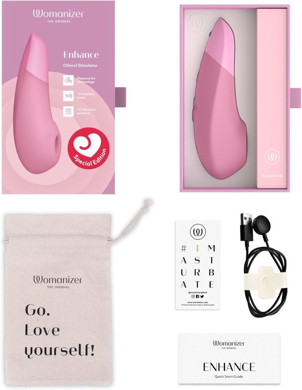 WOMANIZER ENHANCE 2-IN-1 AIR PULSE CLITORAL VIBRATOR LIGHT PINK, POWERFUL PLEASURE TOY