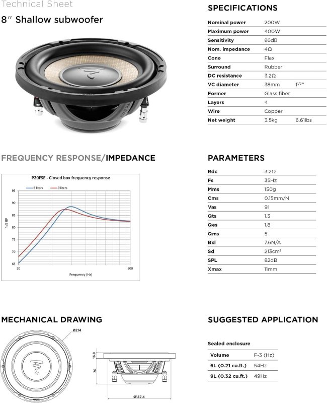 FOCAL SUB P 20 FSE 8 SHALLOW FLAX SUBWOOFER 4-OHM 200W HIGH-PERFORMANCE BASS SPEAKER