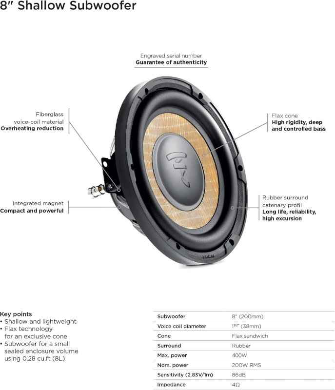 FOCAL SUB P 20 FSE 8 SHALLOW FLAX SUBWOOFER 4-OHM 200W HIGH-PERFORMANCE BASS SPEAKER