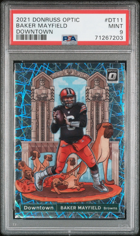 DONRUSS OPTIC DOWNTOWN PRIZM #DT11 BROWNS PSA 9 BAKER MAYFIELD 2021