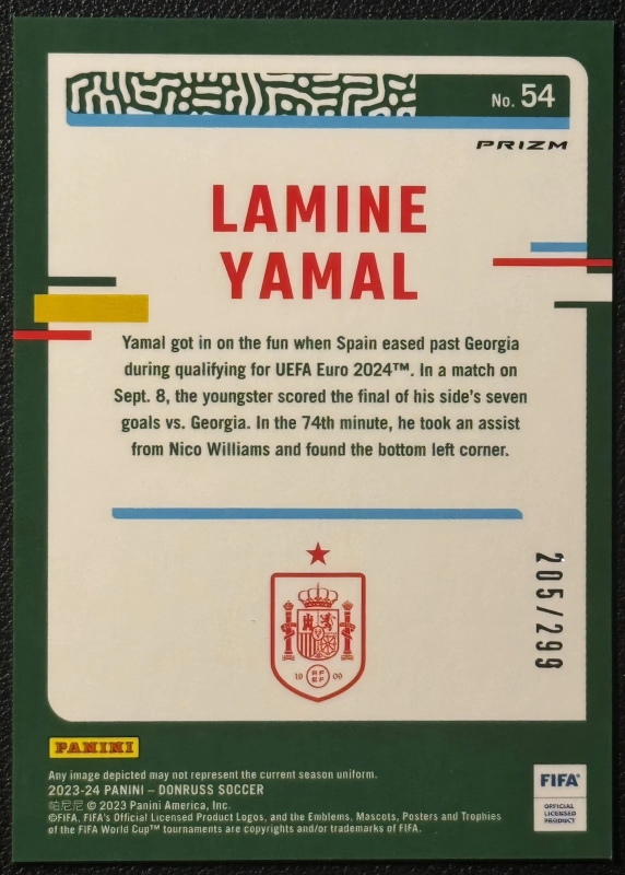 DONRUSS FIFA OPTIC LAMINE YAMAL #54 RED PRIZM /299 RC BARCELONA 2023-24 PANINI