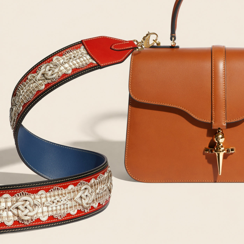 JOSEPH DUCLOS DIDEROT PASSEMENTERIE STRAP IN COQUELICOT HéRITAGE LEATHER PALLADIUM PLATED BRASS COQUELICOT & BLACK,