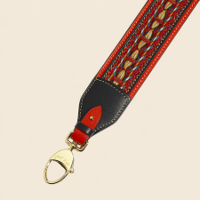 JOSEPH DUCLOS PéNéLOPE PASSEMENTERIE STRAP IN COQUELICOT HéRITAGE LEATHER - COQUELICOT & BLACK, GOLD PLATED BRASS